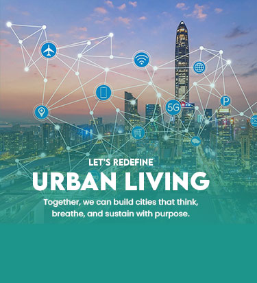 Illustration of modern smart city buildings with digital network icons like Wi-Fi and 5G, symbolizing connected and sustainable urban living