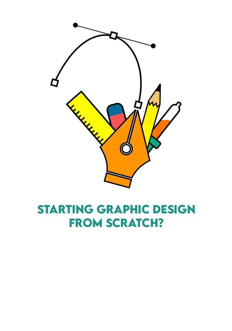 Essential tools for beginner graphic designers including pen nib and pencils, representing the basics of graphic design.