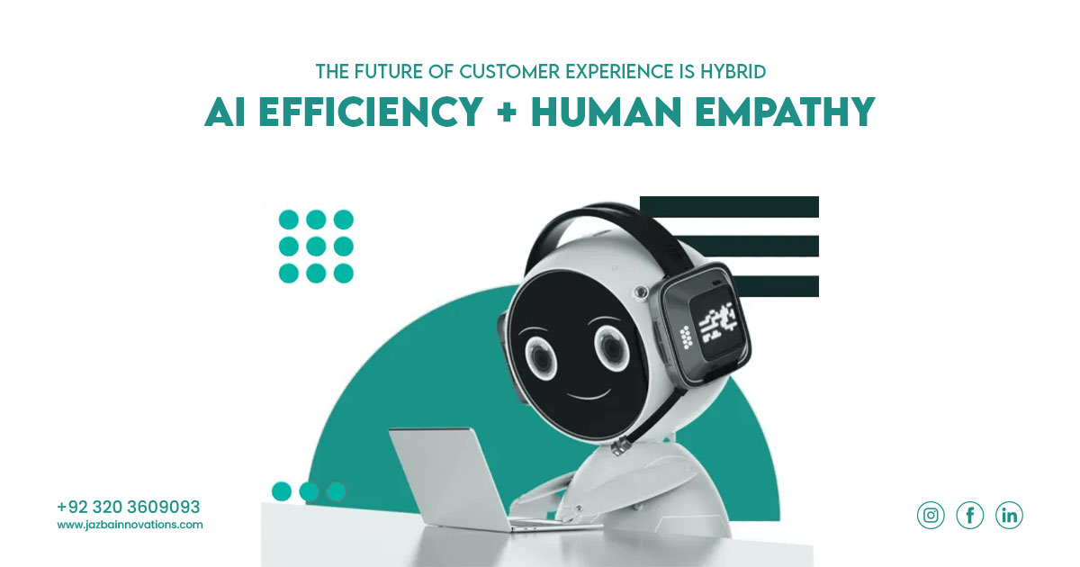 A robot wearing headphones working on a laptop, symbolizing AI-powered customer service and the hybrid future of customer experience combining AI efficiency with human empathy.