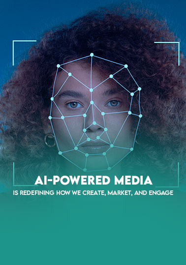 Woman standing with a digital net in front of her face, symbolizing AI-powered media.