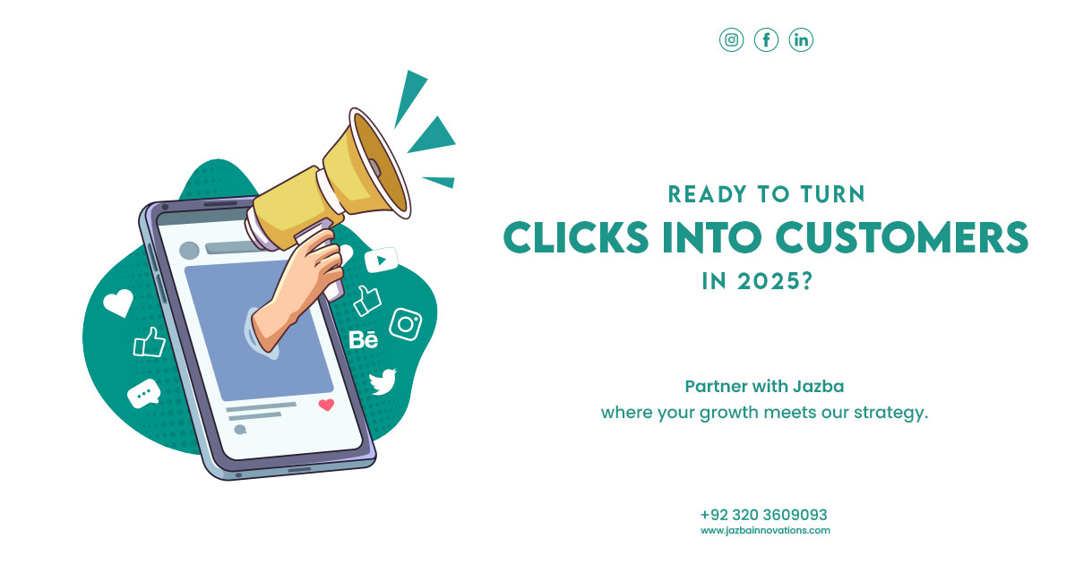 Illustration of digital marketing promotion with a hand holding a megaphone emerging from a phone, surrounded by social media icons like likes, hearts, Instagram, and Twitter.