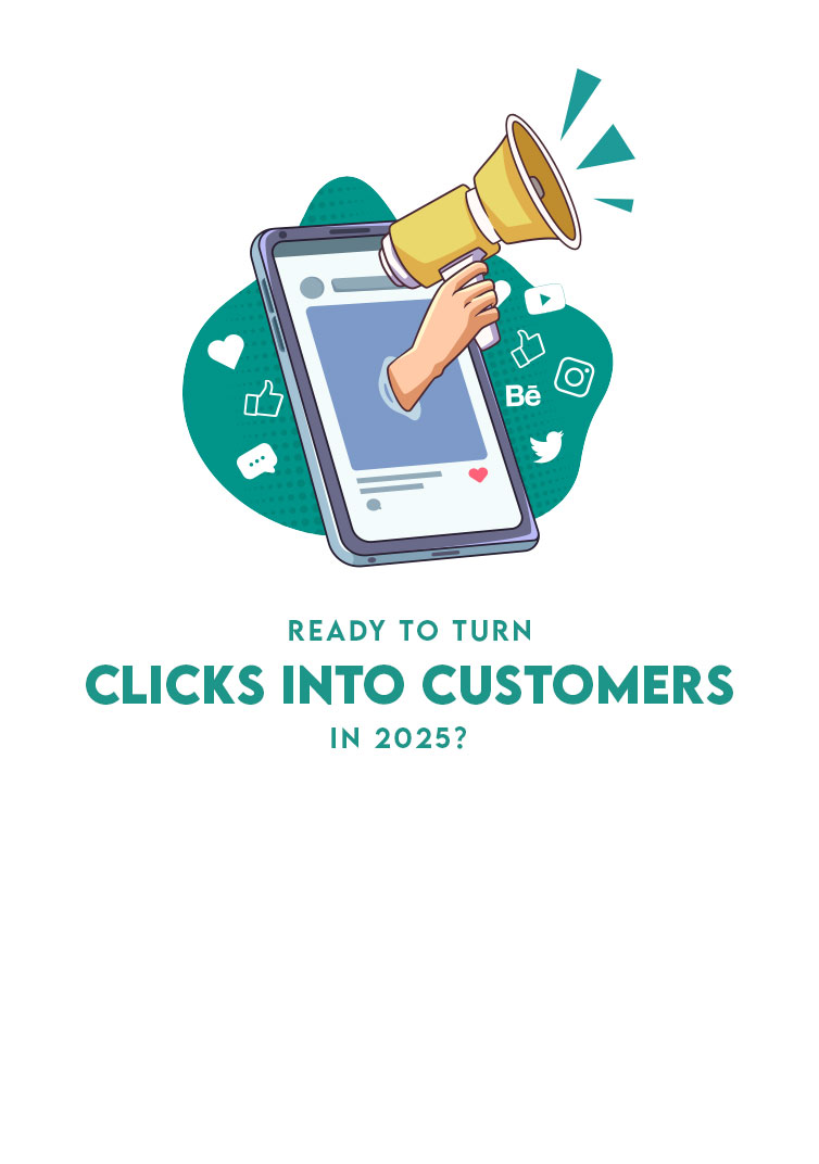 Illustration of digital marketing promotion with a hand holding a megaphone emerging from a phone, surrounded by social media icons like likes, hearts, Instagram, and Twitter.