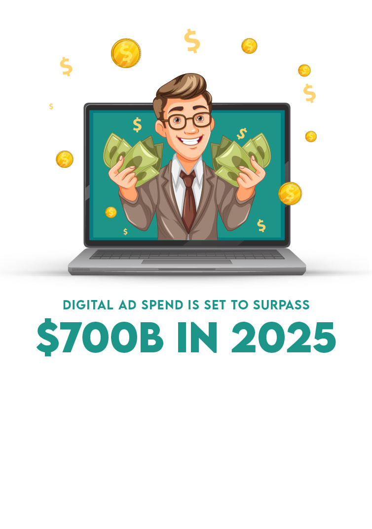  A Smiling man holding money emerging from a laptop screen, symbolizing digital marketing ROI and online business success