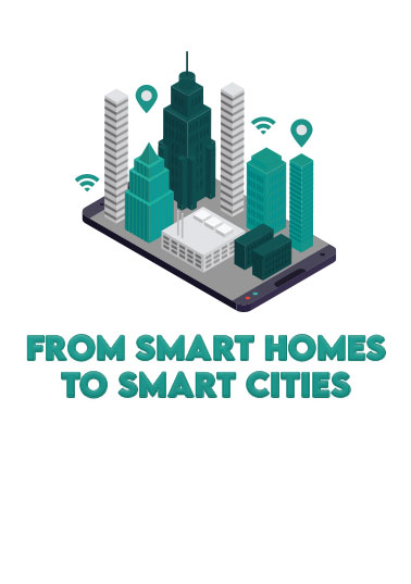 Buildings connected through IoT technology with Wi-Fi and location markers, representing the transition from smart homes to smart cities, showcasing the impact of IoT on urban development and connectivity.