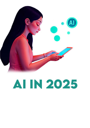 Woman using smartphone with AI in 2025 text, illustrating the role of artificial intelligence in daily life and technology advancements