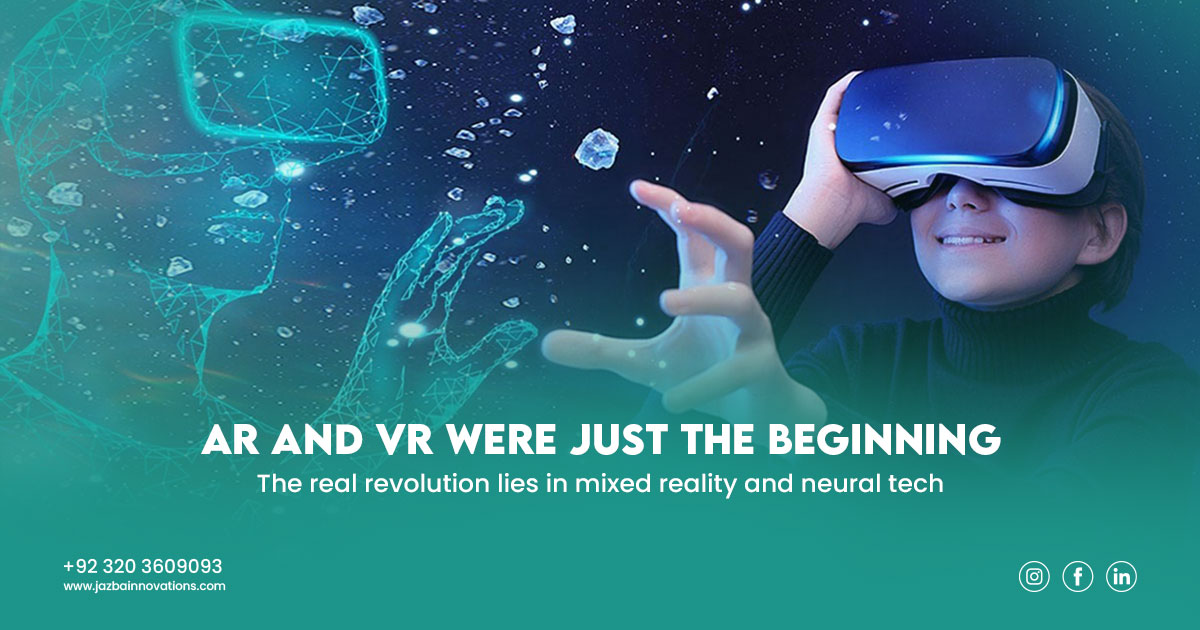 A boy wearing AR/VR glasses reaching toward a robotic hand, symbolizing the shift from traditional AR and VR to advanced mixed reality and neural technologies