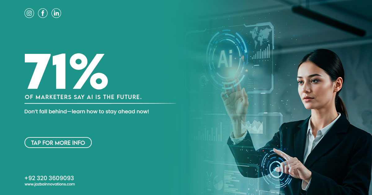 Woman interacting with digital screen displaying the word "AI" alongside text highlighting that 71% of marketers believe AI is the future of digital marketing.