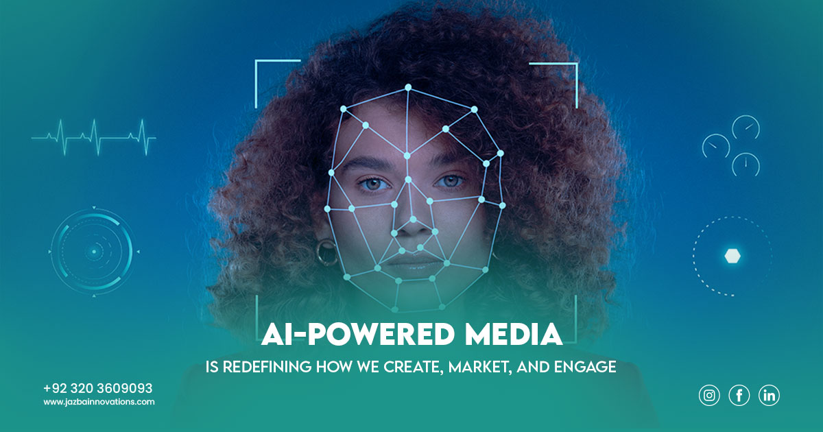 Woman standing with a digital net in front of her face, symbolizing AI-powered media.