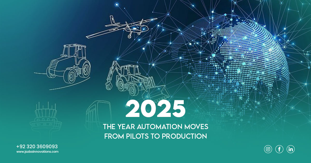 Autonomous vehicle on a digital network symbolizing how automation moves from pilot projects to full production in 2025.